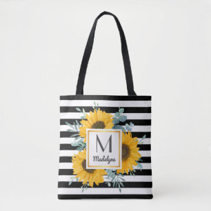 Tote Bag Black White Stripes Gold Sunflower Personnalisé