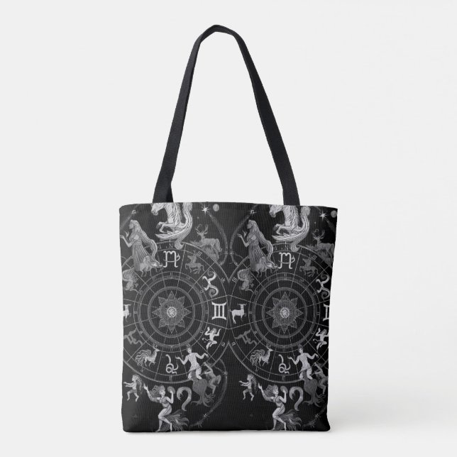 Tote Bag Black + White Zodiac Astrological Signs on a (Dos)