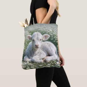 Tote Bag Blanc Écossais Haut-Calf Dans Le pré De Daisy