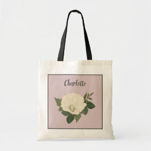 Tote Bag Blanc Élégant Fleur Nom Personnalisé Demoiselle d'