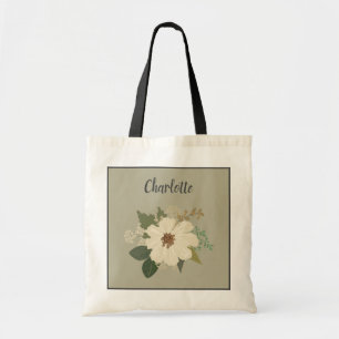 Tote Bag Blanc Élégant Fleur Nom Personnalisé Demoiselle d'