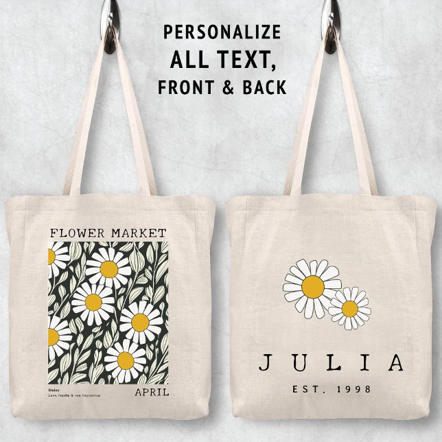 Tote Bag Blanc Fleur de marguerite Florale Avril Fleur de n (Personalized April Birth Flower Market Tote Bag, Custom Name Tote, Bachelorette Bridesmaid Gifts )