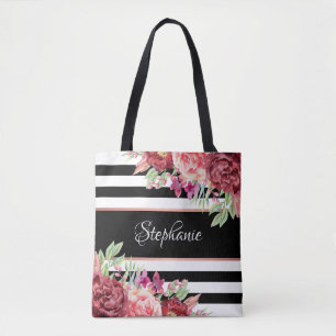 Tote Bag Blanc Noir Grille Moderne Floral Personnalisé