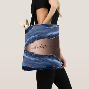 Tote Bag Bleu agate marbre rose or nom script
