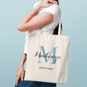 Tote Bag Bleu Aqua Élégant Mariage Demoiselle d'Honneur Nom