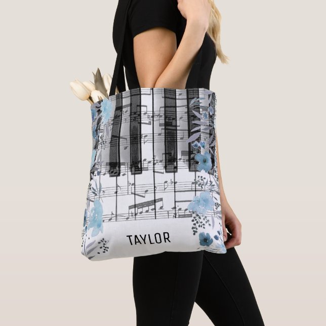 Tote Bag bleu aquarelle fleurs musique notes piano (De près)