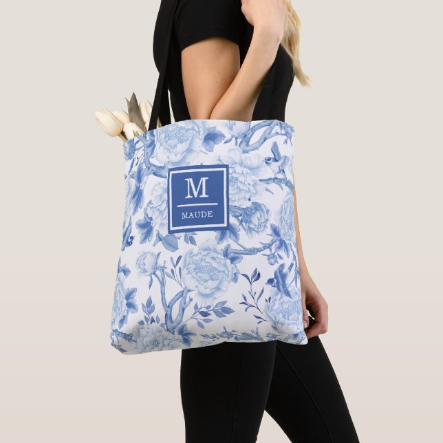 Tote Bag Bleu Blanc Chinoiserie Oiseau Peony Jardin Monogra (De près)