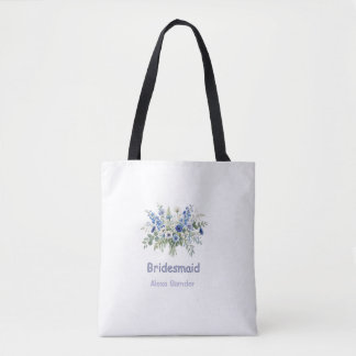Tote Bag bleu blanc floral demoiselle d'honneur nom violet 