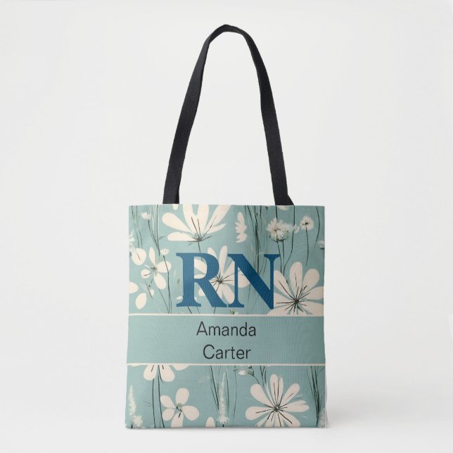 Tote Bag Bleu Blanc moderne marguerite Nom personnalisé RN  (Devant)