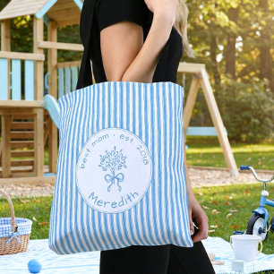 Tote Bag Bleu Blanc Rayé Fantaisiste Maman Établie