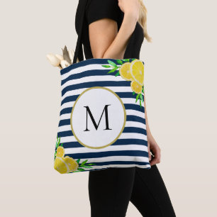 Tote Bag Bleu Bleu Blancs Été Monogramme de citron