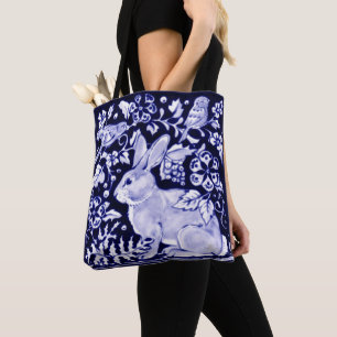Tote Bag Bleu Bleu Lapin Lapin Oiseaux de lapin Rustique De