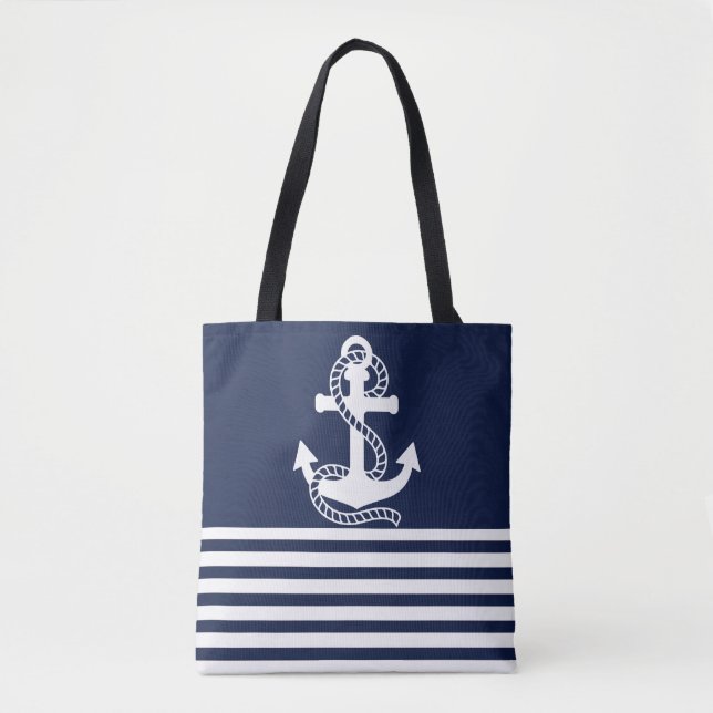 Tote Bag Bleu bleu marine Blancs et Ancre blanche (Devant)