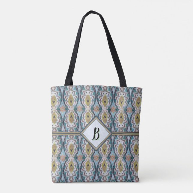 Tote Bag Bleu Boho, Vert & Tan Tribal Inspiré (Dos)