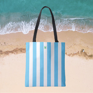 Tote Bag Bleu Cabana Stripe & Monogramme vert personnalisé