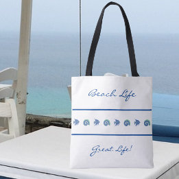Tote Bag Bleu chic et blanc rayures Shell Fish Beach Life