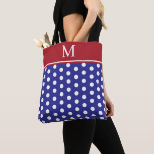 Tote Bag Bleu et blanc à pois avec monogramme rouge