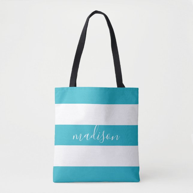 Tote Bag Bleu et blanc avec typographie de nom (Devant)