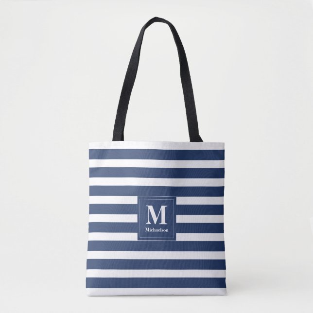 Tote Bag Bleu et blanc monogramme (Devant)