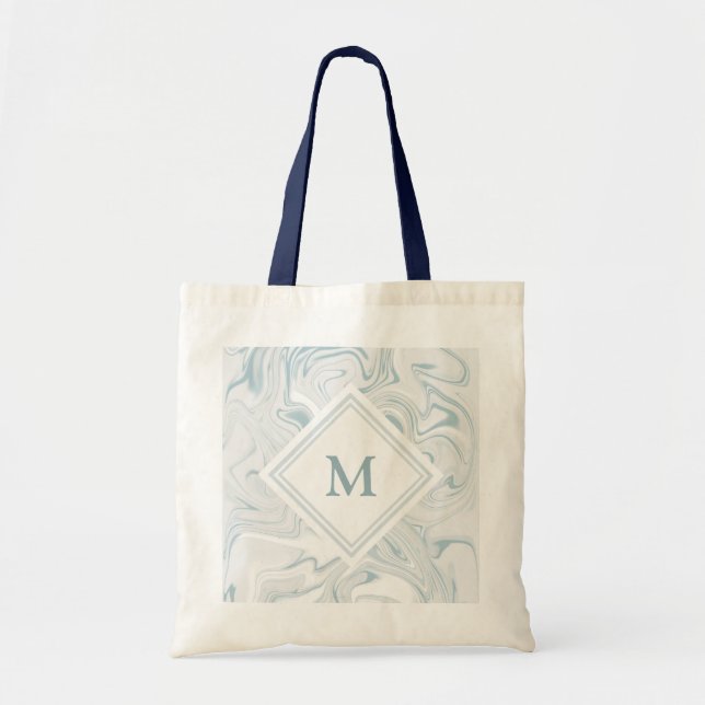 Tote Bag Bleu et Marbre blanc avec Monogramme Diamant (Devant)