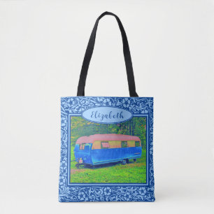 Tote Bag Bleu Floral Camper Vintage Travel Trailer