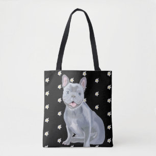 Tote Bag Bleu gris français Bulldog avec marguerites