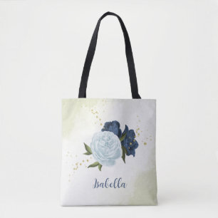 Tote Bag bleu marine poussiéreux vert floral