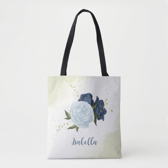 Tote Bag bleu marine poussiéreux vert floral (Devant)