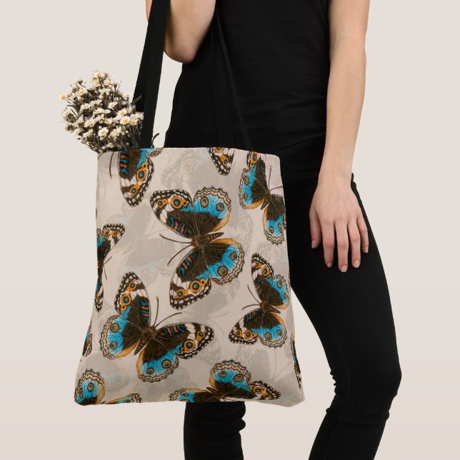 Tote Bag Bleu motif papillon Pansy sur blanc (De près)