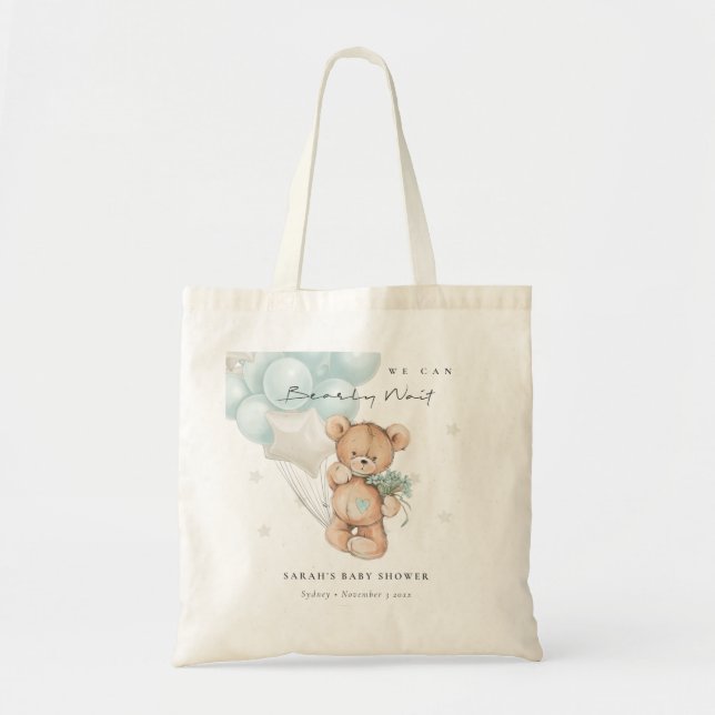 Tote Bag Bleu mou Baby shower à ballon d'ours d'attente (Devant)