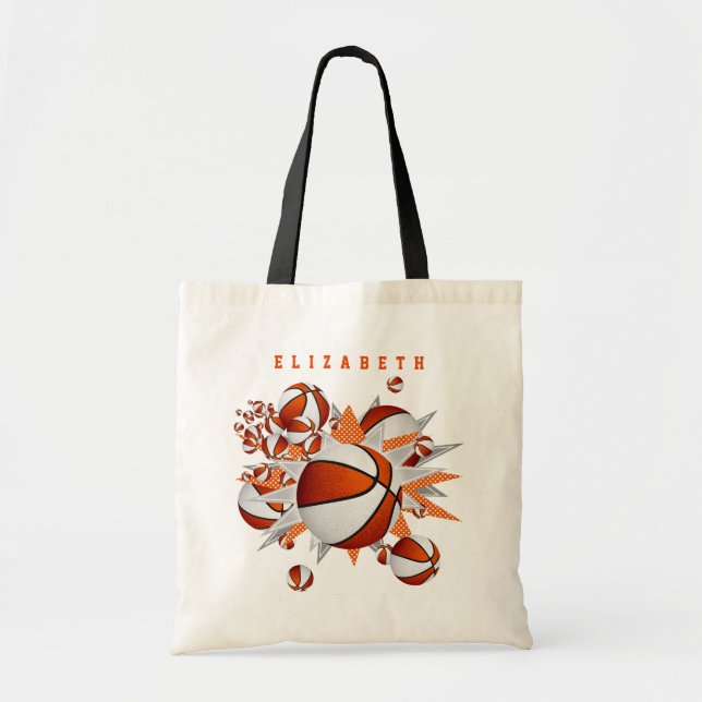 Tote Bag bleu orange basketball stars filles nom (Devant)