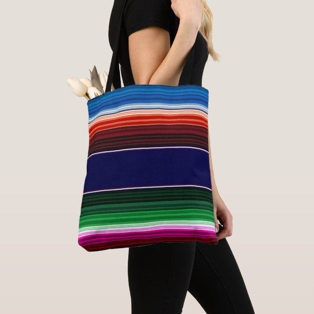 Tote Bag Bleu, Orange, Rose Chaud, Vert, Sarape Mexicaine (De près)