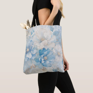 Tote Bag Bleu pâle et floral blanc