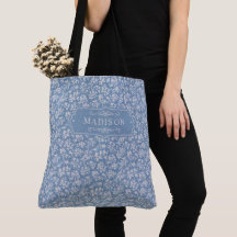 Bleu pastel doux et motif floral bohème blanc gris