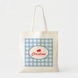 Tote Bag Bleu pays en vichy motif rouge cerise personnelle