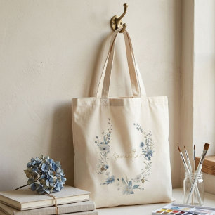 Tote Bag Bleu Poussiéreux Floral Vert du Printemps Monogram