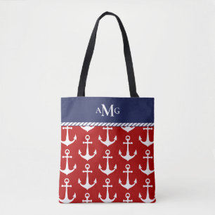 Tote Bag Bleu rouge Ancre Motif Monogramme Nautique