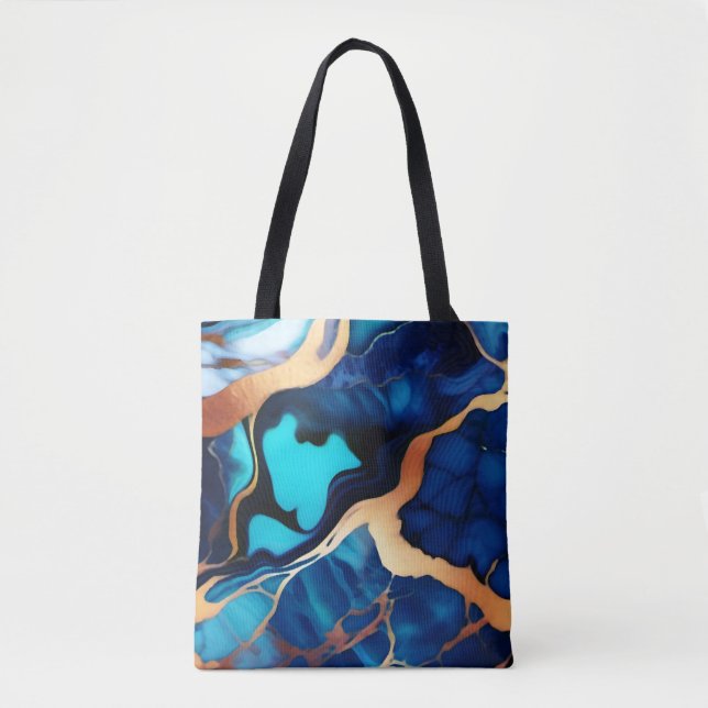 Tote Bag Bleu tendance en or faux marbre (Devant)