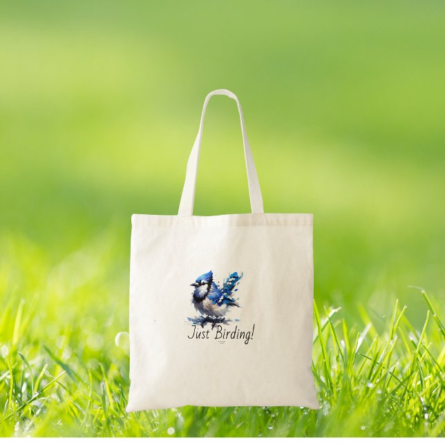 Tote Bag BLEUE/BLANC Simple Oiseau -Jay Bleu (lovely and fun loving tote for bird watchers in their every day activities.)
