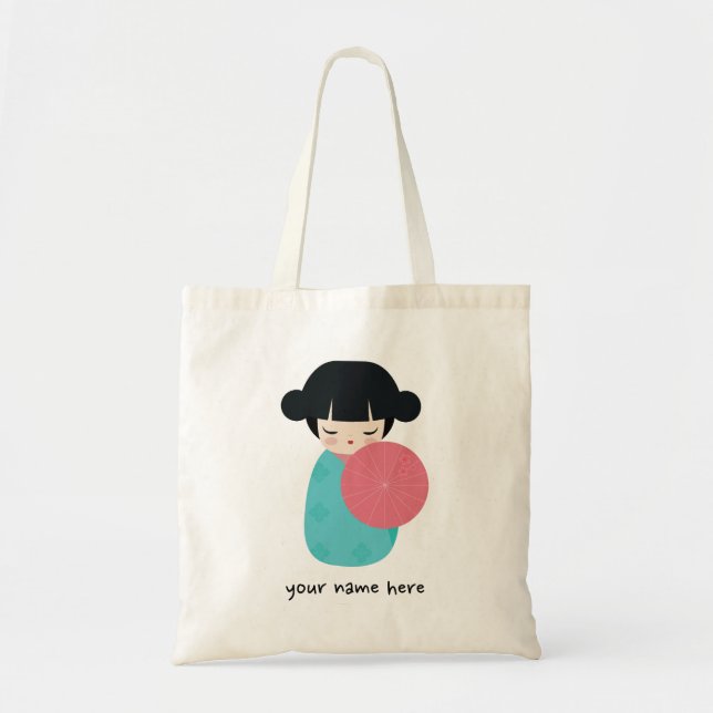 Tote Bag BLEUE Kokeshi Doll - Cute Japonaise Geisha Girl (Devant)