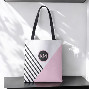 Tote Bag Bloc de couleur moderne et bandes avec Monogramme