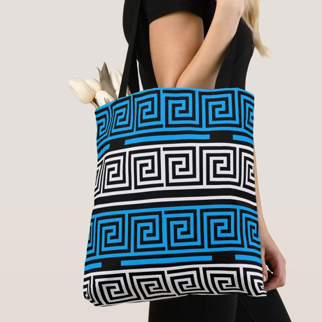 Tote Bag Blue Black White Greek Key Fret Pattern Design  (Créateur téléchargé)
