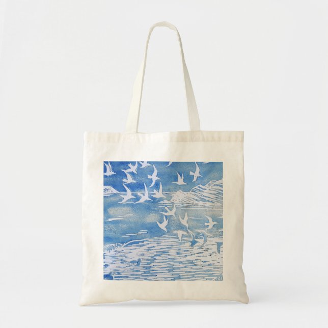 Tote Bag Blue Coast Birds Moderne Aquarelle Art (Devant)