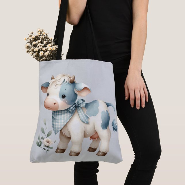 Tote Bag Blue Gingham Baby Cow Pastel Farm Aesthetic (De près)