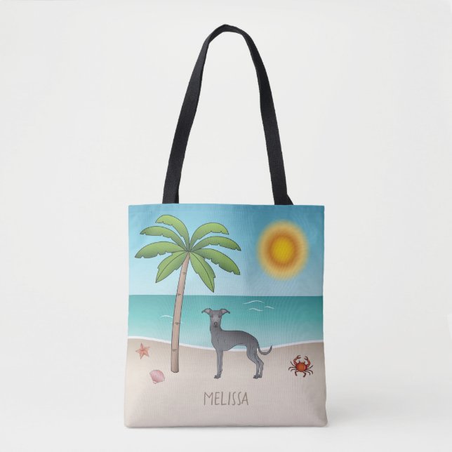 Tote Bag Blue Italien Greyhound À Tropical Summer Beach (Devant)