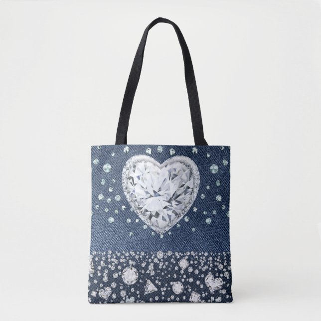 Tote Bag Blue Jean Denim & Diamonds Bling Diamond Heart (Devant)