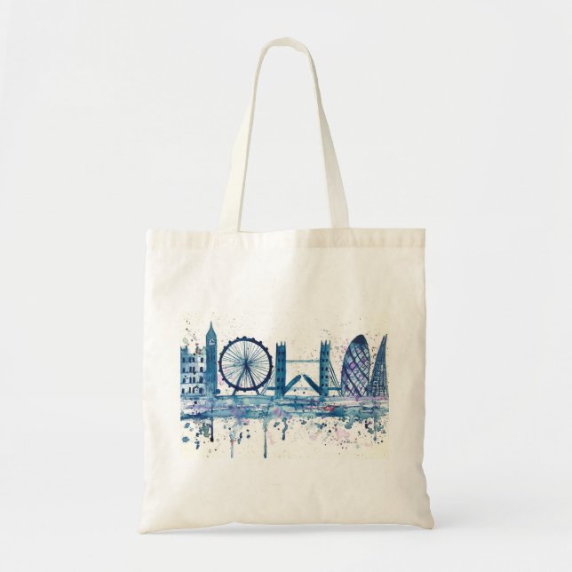 Tote Bag Blue London skyline aquarelle Angleterre moderne (Devant)