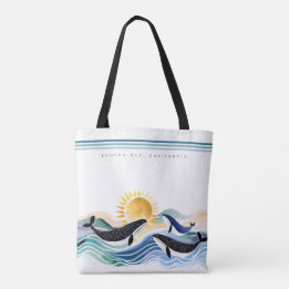 Tote Bag Blue Marine Happy Whales & Waves Custom