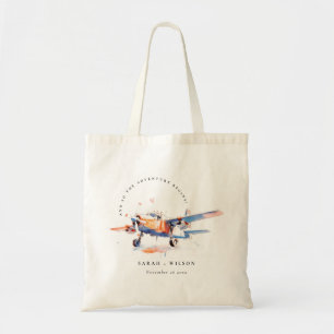Tote Bag Blue Orange Blush Aquarelle Air Plane Mariage