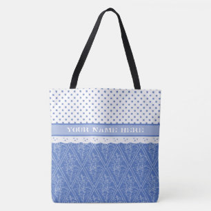 Tote Bag Blue Periwinkle Motif, Faux Lace, Pois